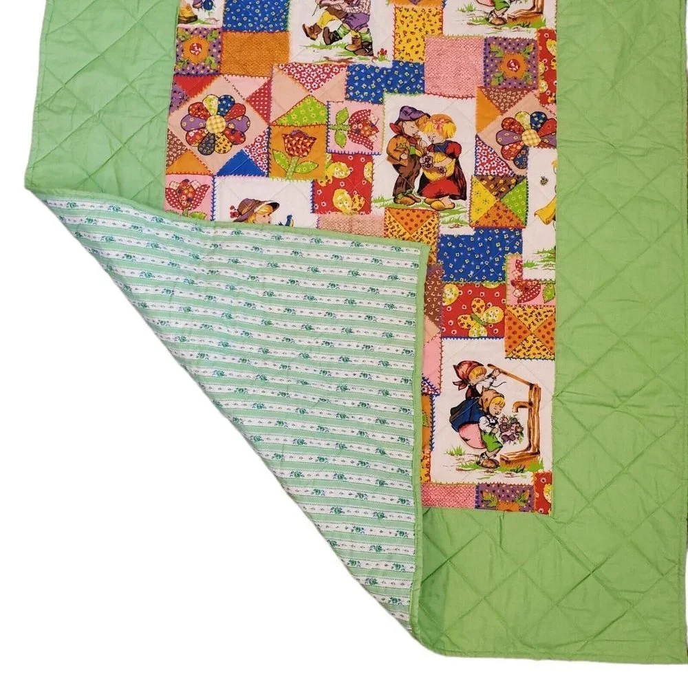 Vintage 70s Patchwork Green Retro Baby Blanket Quilt Crib Comforter Floral 35x53
